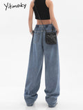 Yitimoky Drawstring Summer Denim Trousers for Women Washed Loose Baggy Women Jeans Pants Casual Elegant Low Waist Female Jeans