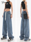 Yitimoky Drawstring Summer Denim Trousers for Women Washed Loose Baggy Women Jeans Pants Casual Elegant Low Waist Female Jeans