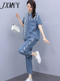 JXMYY Fashion Simple Casual Denim Suit Female Summer 2022 New Clothes Age-Reducing Temperament Top Two-Piece