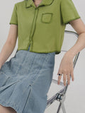 2022 New Summer Short Sleeve Women White T-shirt Fashion Polo-neck Pockets Loose Korean Green Tops Casual Trend Clothes Female
