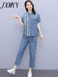 JXMYY Fashion Simple Casual Denim Suit Female Summer 2022 New Clothes Age-Reducing Temperament Top Two-Piece
