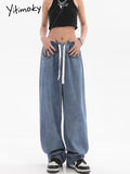 Yitimoky Drawstring Summer Denim Trousers for Women Washed Loose Baggy Women Jeans Pants Casual Elegant Low Waist Female Jeans