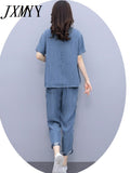 JXMYY Fashion Simple Casual Denim Suit Female Summer 2022 New Clothes Age-Reducing Temperament Top Two-Piece