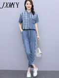 JXMYY Fashion Simple Casual Denim Suit Female Summer 2022 New Clothes Age-Reducing Temperament Top Two-Piece