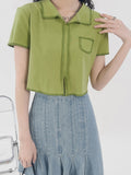 2022 New Summer Short Sleeve Women White T-shirt Fashion Polo-neck Pockets Loose Korean Green Tops Casual Trend Clothes Female