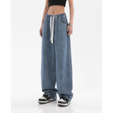 Yitimoky Drawstring Summer Denim Trousers for Women Washed Loose Baggy Women Jeans Pants Casual Elegant Low Waist Female Jeans
