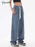 Yitimoky Drawstring Summer Denim Trousers for Women Washed Loose Baggy Women Jeans Pants Casual Elegant Low Waist Female Jeans