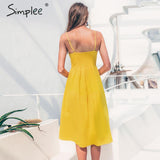Simplee Elegant button women dress Pocket polka dots yellow cotton midi dress Summer casual female plus size lady beach vestidos