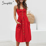 Simplee Elegant button women dress Pocket polka dots yellow cotton midi dress Summer casual female plus size lady beach vestidos