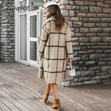 Simplee Elegant plaid women tweed coat Buttons pockets autumn winter female blend coats V neck office ladies warm long overcoats