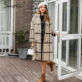 Simplee Elegant plaid women tweed coat Buttons pockets autumn winter female blend coats V neck office ladies warm long overcoats