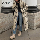 Simplee Elegant plaid women tweed coat Buttons pockets autumn winter female blend coats V neck office ladies warm long overcoats