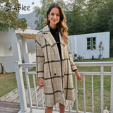 Simplee Elegant plaid women tweed coat Buttons pockets autumn winter female blend coats V neck office ladies warm long overcoats