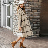 Simplee Elegant plaid women tweed coat Buttons pockets autumn winter female blend coats V neck office ladies warm long overcoats