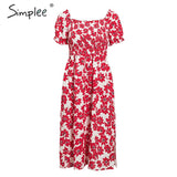 Simplee Flower women boho dress Spring puff sleeve high waist female summer dress Ladies chic ruffled a-line holiday midi dress