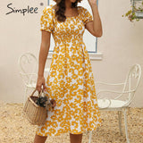 Simplee Flower women boho dress Spring puff sleeve high waist female summer dress Ladies chic ruffled a-line holiday midi dress