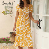 Simplee Flower women boho dress Spring puff sleeve high waist female summer dress Ladies chic ruffled a-line holiday midi dress
