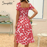 Simplee Flower women boho dress Spring puff sleeve high waist female summer dress Ladies chic ruffled a-line holiday midi dress