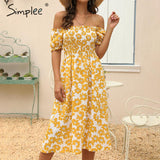 Simplee Flower women boho dress Spring puff sleeve high waist female summer dress Ladies chic ruffled a-line holiday midi dress