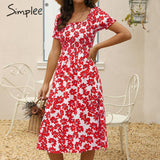 Simplee Flower women boho dress Spring puff sleeve high waist female summer dress Ladies chic ruffled a-line holiday midi dress