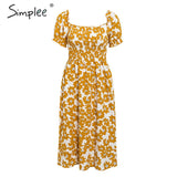 Simplee Flower women boho dress Spring puff sleeve high waist female summer dress Ladies chic ruffled a-line holiday midi dress