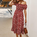 Simplee Off shoulder women boho dress Floral print ruffle high waist female midi dress Holiday summer beach ladies dresses 2020