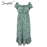 Simplee Off shoulder women boho dress Floral print ruffle high waist female midi dress Holiday summer beach ladies dresses 2020