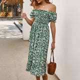 Simplee Off shoulder women boho dress Floral print ruffle high waist female midi dress Holiday summer beach ladies dresses 2020