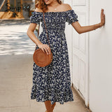 Simplee Off shoulder women boho dress Floral print ruffle high waist female midi dress Holiday summer beach ladies dresses 2020