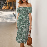 Simplee Off shoulder women boho dress Floral print ruffle high waist female midi dress Holiday summer beach ladies dresses 2020