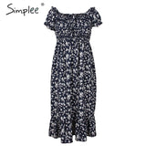 Simplee Off shoulder women boho dress Floral print ruffle high waist female midi dress Holiday summer beach ladies dresses 2020