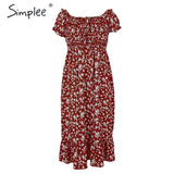 Simplee Off shoulder women boho dress Floral print ruffle high waist female midi dress Holiday summer beach ladies dresses 2020