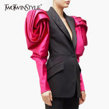 TWOTWINSTYLE PATCHWORK HIT COLOR WOMEN'S BLAZER PUFF SLEEVE NOTCHED FEMALE BLAZERS 2019 AUTUMN PLUS SIZE FASHION NEW CLOTHING