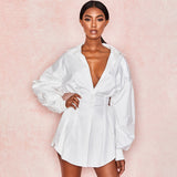 Vintage Elagant Women Mini Shirt Dress Deep V Neck Casual Lantern Sleeve Short Dress Turndown Collar Linen Female Fresses
