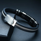 Vnox Stainless Steel Bracelet Men Wrist Band Black Grooved Rudder Silicone Mesh Link Insert Punk Wristband Stylish Casual Bangle