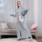 Women Men Winter Plus Size Warm Flannel Bathrobe Star Moon Extra Long Thick Fleece Bath Robe Hooded Night Dress Gown Sleepwear