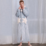 Women Men Winter Plus Size Warm Flannel Bathrobe Star Moon Extra Long Thick Fleece Bath Robe Hooded Night Dress Gown Sleepwear