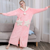 Women Men Winter Plus Size Warm Flannel Bathrobe Star Moon Extra Long Thick Fleece Bath Robe Hooded Night Dress Gown Sleepwear