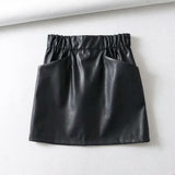 Women Skirts  Above Knee Mini Women's double pocket elastic waist PU Faux leather skirt Jupe Femme Faldas Mujer