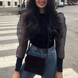 Women sexy stylish solid black blouse long puff sleeve stretchy transparent O neck female 2019 casual chic brand tops blusas