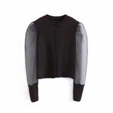Women sexy stylish solid black blouse long puff sleeve stretchy transparent O neck female 2019 casual chic brand tops blusas