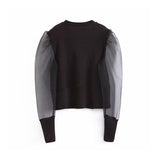 Women sexy stylish solid black blouse long puff sleeve stretchy transparent O neck female 2019 casual chic brand tops blusas