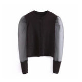 Women sexy stylish solid black blouse long puff sleeve stretchy transparent O neck female 2019 casual chic brand tops blusas