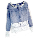 Women's Daily / Weekend Spring / Fall Regular Denim Jacket, Solid Colored Blue & White Round Neck Long Sleeve Cotton / Lace Patchwork Blue XXXL / XXXXL / XXXXXL