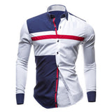Men's Daily Plus Size Slim Shirt - Color Block Blue & White, Patchwork Spread Collar White / Long Sleeve / Spring / Fall
