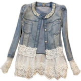 Women's Daily / Weekend Spring / Fall Regular Denim Jacket, Solid Colored Blue & White Round Neck Long Sleeve Cotton / Lace Patchwork Blue XXXL / XXXXL / XXXXXL