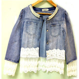 Women's Daily / Weekend Spring / Fall Regular Denim Jacket, Solid Colored Blue & White Round Neck Long Sleeve Cotton / Lace Patchwork Blue XXXL / XXXXL / XXXXXL