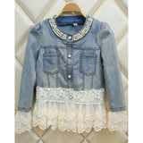 Women's Daily / Weekend Spring / Fall Regular Denim Jacket, Solid Colored Blue & White Round Neck Long Sleeve Cotton / Lace Patchwork Blue XXXL / XXXXL / XXXXXL